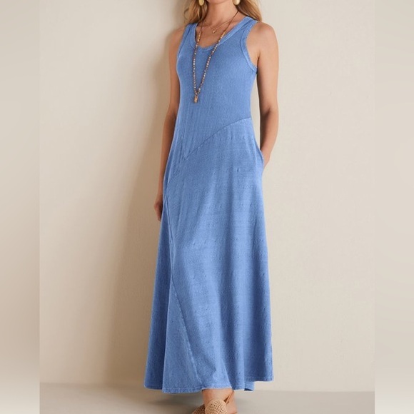 NWT Soft Surroundings Bailey Maxi Dress Blue Bonnet Pockets XL 100% Cotton - Picture 1 of 15